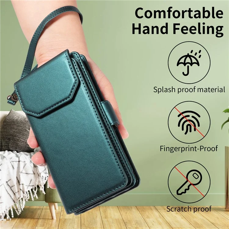 For Google Pixel 8 Case with Multi-Card Holder and Strap PU Leather Phone Cover Stand - Green
