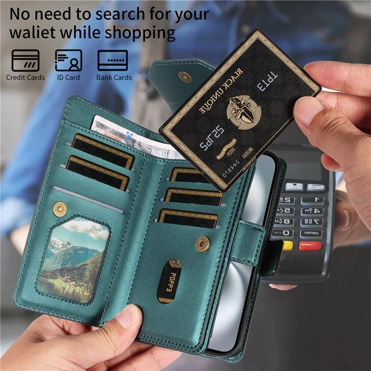 For Google Pixel 8 Case with Multi-Card Holder and Strap PU Leather Phone Cover Stand - Green