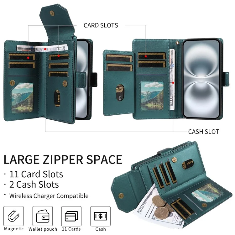 For Google Pixel 8 Case with Multi-Card Holder and Strap PU Leather Phone Cover Stand - Green