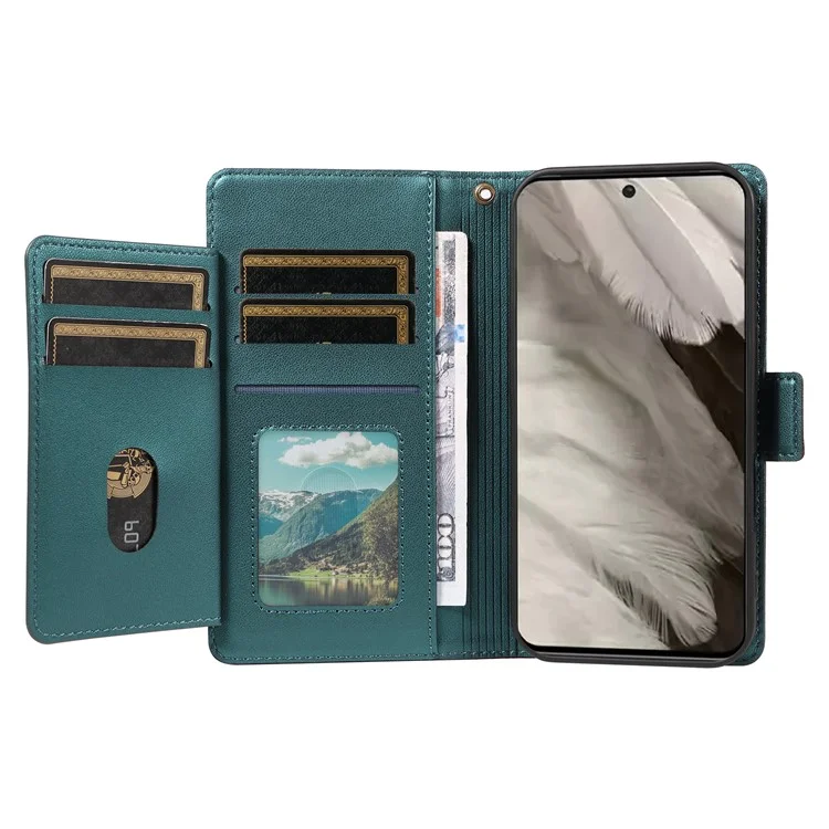 For Google Pixel 8 Case with Multi-Card Holder and Strap PU Leather Phone Cover Stand - Green