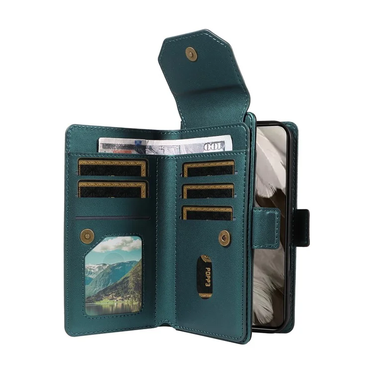 For Google Pixel 8 Case with Multi-Card Holder and Strap PU Leather Phone Cover Stand - Green