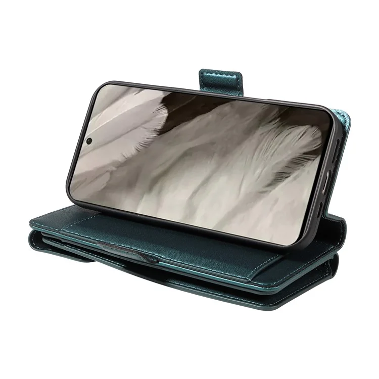 For Google Pixel 8 Case with Multi-Card Holder and Strap PU Leather Phone Cover Stand - Green