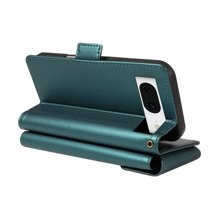 For Google Pixel 8 Case with Multi-Card Holder and Strap PU Leather Phone Cover Stand - Green
