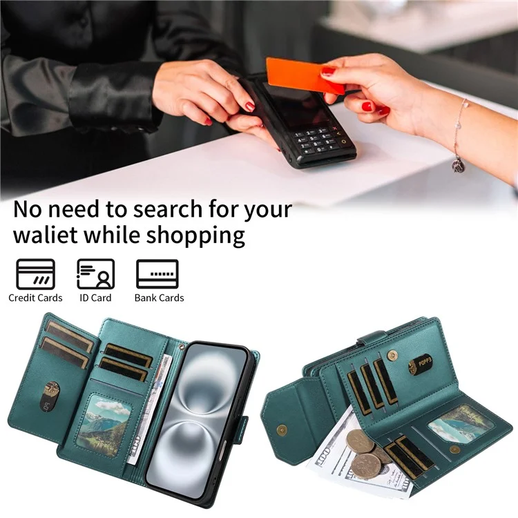 For Google Pixel 8 Case with Multi-Card Holder and Strap PU Leather Phone Cover Stand - Green