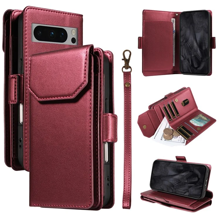 For Google Pixel 8 Pro Case with Multi-Card Holder and Strap PU Leather Phone Cover Stand - Wine Red