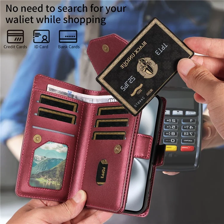For Google Pixel 8 Pro Case with Multi-Card Holder and Strap PU Leather Phone Cover Stand - Wine Red