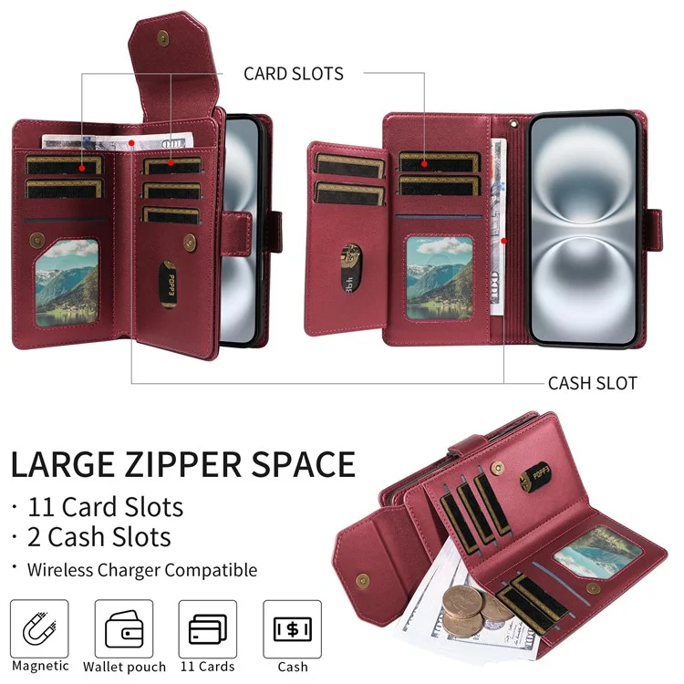For Google Pixel 8 Pro Case with Multi-Card Holder and Strap PU Leather Phone Cover Stand - Wine Red