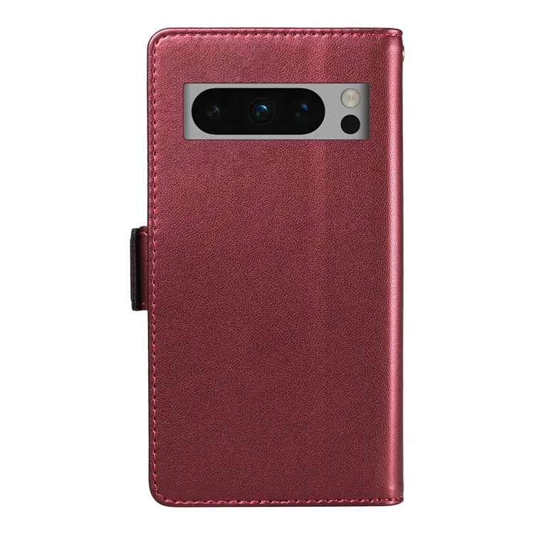 For Google Pixel 8 Pro Case with Multi-Card Holder and Strap PU Leather Phone Cover Stand - Wine Red