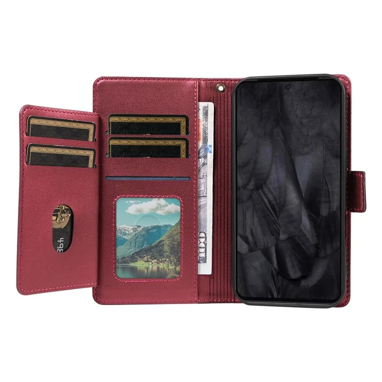 For Google Pixel 8 Pro Case with Multi-Card Holder and Strap PU Leather Phone Cover Stand - Wine Red