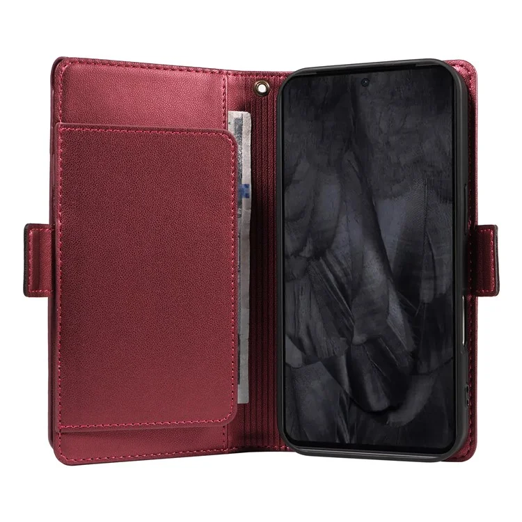 For Google Pixel 8 Pro Case with Multi-Card Holder and Strap PU Leather Phone Cover Stand - Wine Red