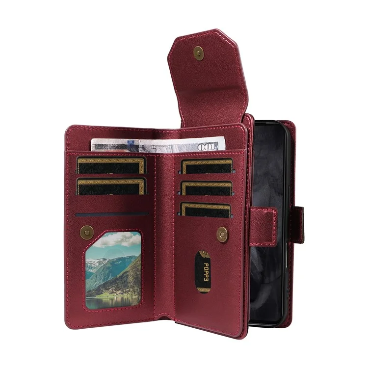 For Google Pixel 8 Pro Case with Multi-Card Holder and Strap PU Leather Phone Cover Stand - Wine Red