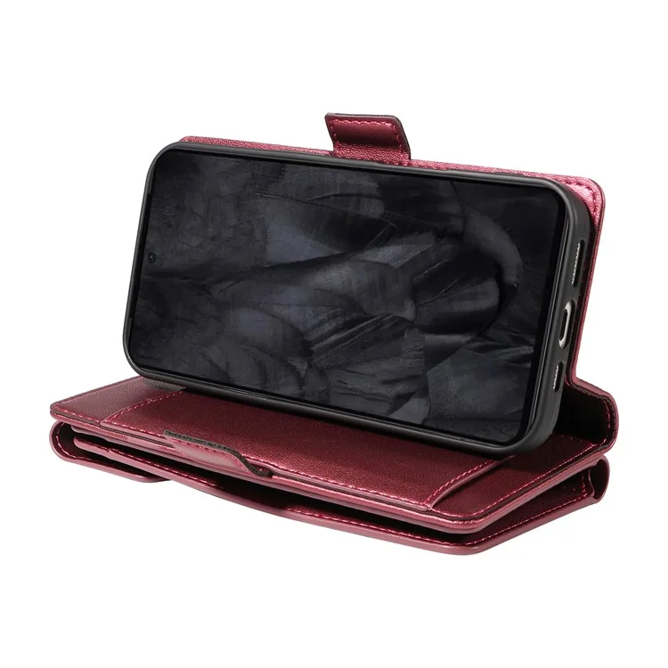 For Google Pixel 8 Pro Case with Multi-Card Holder and Strap PU Leather Phone Cover Stand - Wine Red