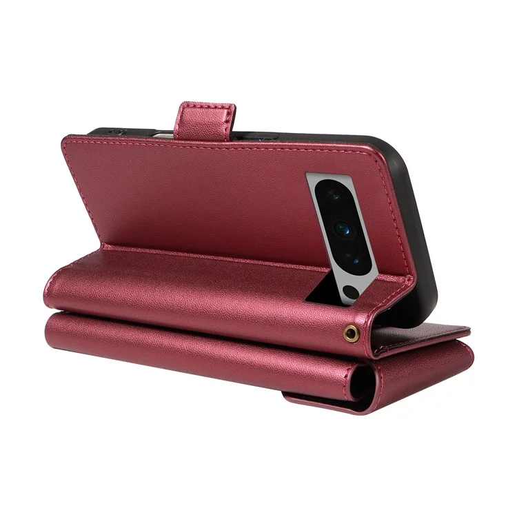 For Google Pixel 8 Pro Case with Multi-Card Holder and Strap PU Leather Phone Cover Stand - Wine Red
