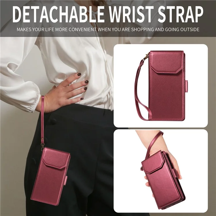For Google Pixel 8 Pro Case with Multi-Card Holder and Strap PU Leather Phone Cover Stand - Wine Red