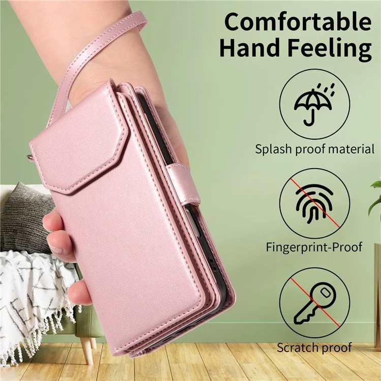 For Google Pixel 10 Pro / 10 / 9 Pro / 9 Case with Multi-Card Holder and Strap PU Leather Phone Cover Stand - Rose Gold