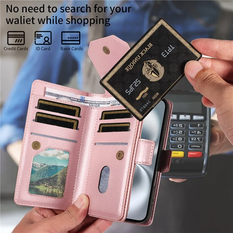 For Google Pixel 10 Pro / 10 / 9 Pro / 9 Case with Multi-Card Holder and Strap PU Leather Phone Cover Stand - Rose Gold