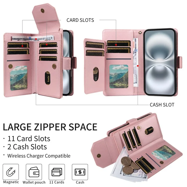 For Google Pixel 10 Pro / 10 / 9 Pro / 9 Case with Multi-Card Holder and Strap PU Leather Phone Cover Stand - Rose Gold