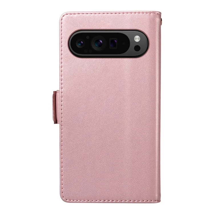 For Google Pixel 10 Pro / 10 / 9 Pro / 9 Case with Multi-Card Holder and Strap PU Leather Phone Cover Stand - Rose Gold