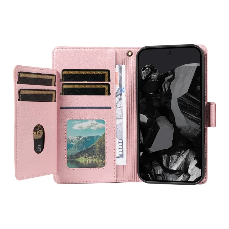 For Google Pixel 10 Pro / 10 / 9 Pro / 9 Case with Multi-Card Holder and Strap PU Leather Phone Cover Stand - Rose Gold