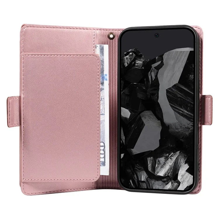 For Google Pixel 10 Pro / 10 / 9 Pro / 9 Case with Multi-Card Holder and Strap PU Leather Phone Cover Stand - Rose Gold