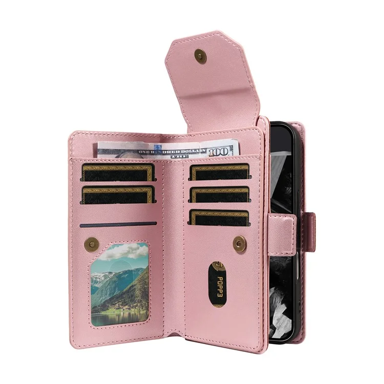 For Google Pixel 10 Pro / 10 / 9 Pro / 9 Case with Multi-Card Holder and Strap PU Leather Phone Cover Stand - Rose Gold