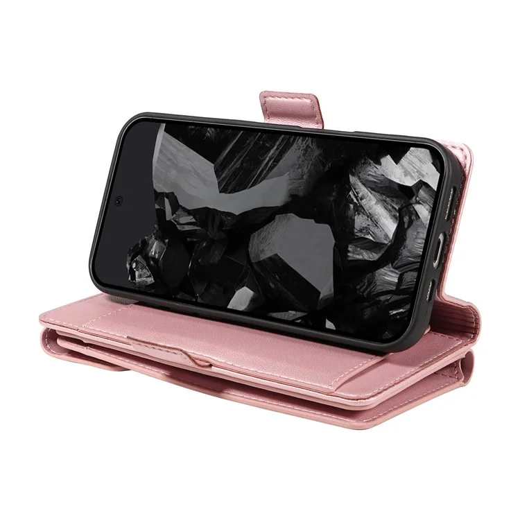 For Google Pixel 10 Pro / 10 / 9 Pro / 9 Case with Multi-Card Holder and Strap PU Leather Phone Cover Stand - Rose Gold
