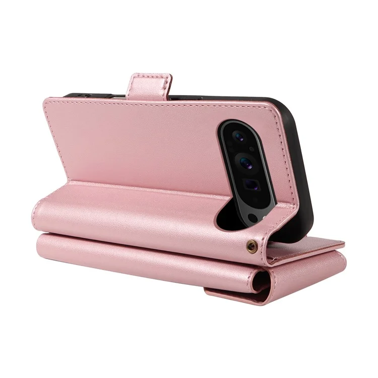 For Google Pixel 10 Pro / 10 / 9 Pro / 9 Case with Multi-Card Holder and Strap PU Leather Phone Cover Stand - Rose Gold