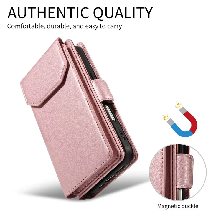 For Google Pixel 10 Pro / 10 / 9 Pro / 9 Case with Multi-Card Holder and Strap PU Leather Phone Cover Stand - Rose Gold