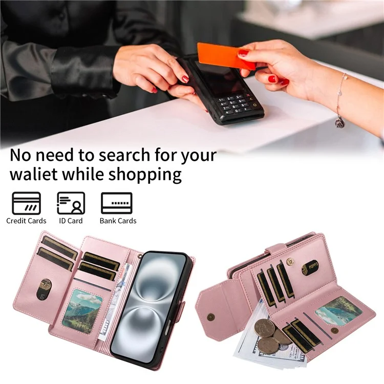 For Google Pixel 10 Pro / 10 / 9 Pro / 9 Case with Multi-Card Holder and Strap PU Leather Phone Cover Stand - Rose Gold