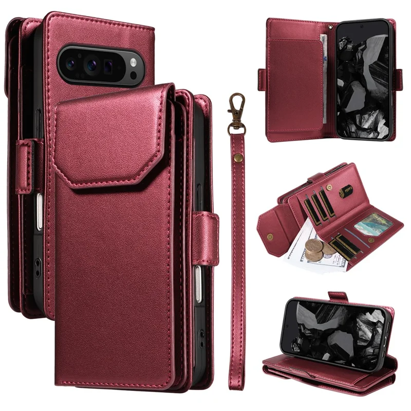 For Google Pixel 10 Pro / 10 / 9 Pro / 9 Case with Multi-Card Holder and Strap PU Leather Phone Cover Stand - Wine Red