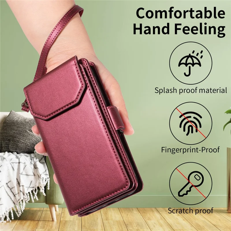 For Google Pixel 10 Pro / 10 / 9 Pro / 9 Case with Multi-Card Holder and Strap PU Leather Phone Cover Stand - Wine Red