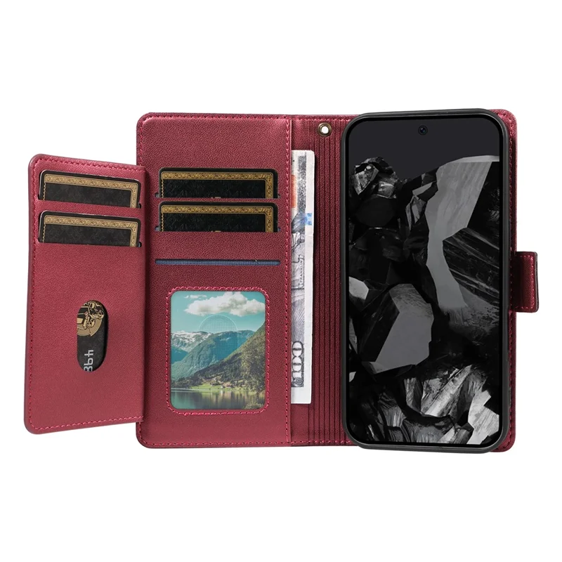 For Google Pixel 10 Pro / 10 / 9 Pro / 9 Case with Multi-Card Holder and Strap PU Leather Phone Cover Stand - Wine Red