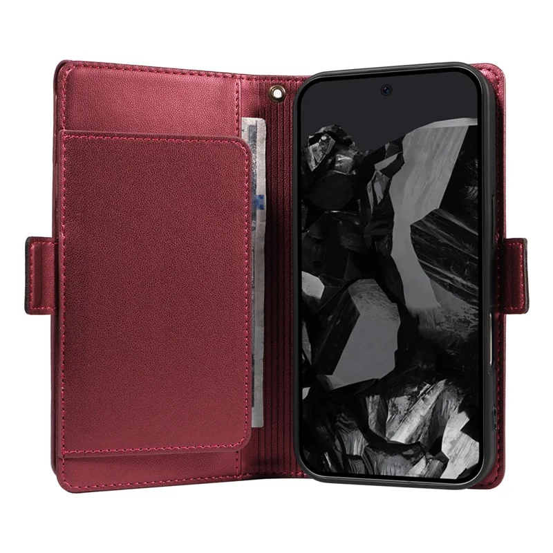 For Google Pixel 10 Pro / 10 / 9 Pro / 9 Case with Multi-Card Holder and Strap PU Leather Phone Cover Stand - Wine Red