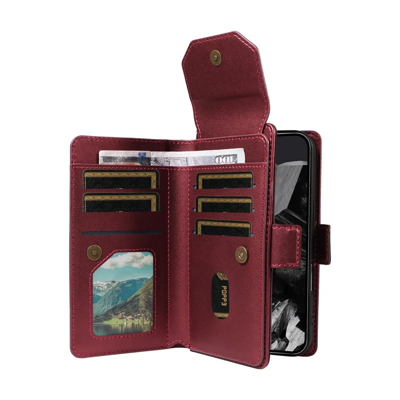 For Google Pixel 10 Pro / 10 / 9 Pro / 9 Case with Multi-Card Holder and Strap PU Leather Phone Cover Stand - Wine Red