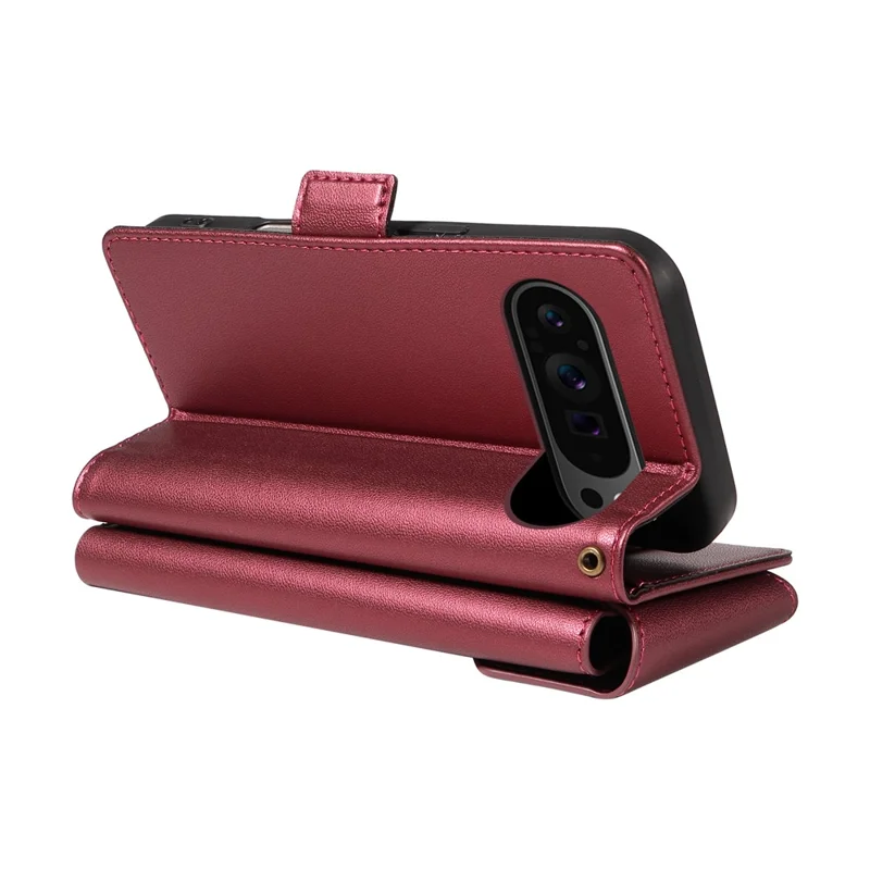 For Google Pixel 10 Pro / 10 / 9 Pro / 9 Case with Multi-Card Holder and Strap PU Leather Phone Cover Stand - Wine Red