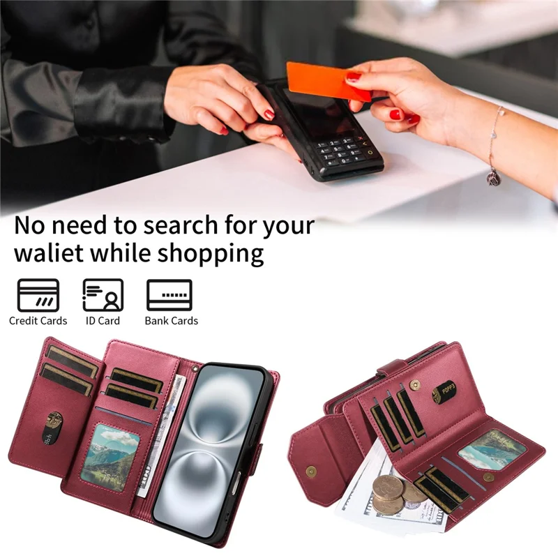 For Google Pixel 10 Pro / 10 / 9 Pro / 9 Case with Multi-Card Holder and Strap PU Leather Phone Cover Stand - Wine Red