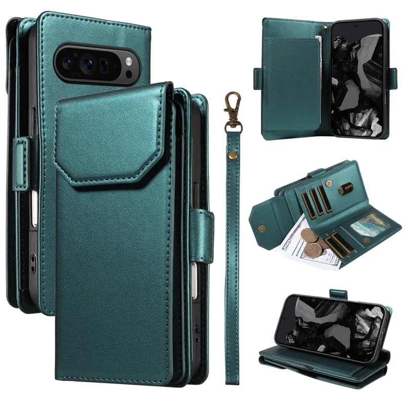 For Google Pixel 10 Pro / 10 / 9 Pro / 9 Case with Multi-Card Holder and Strap PU Leather Phone Cover Stand - Green