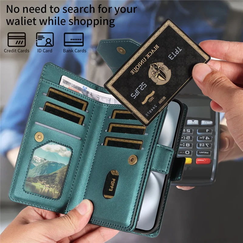 For Google Pixel 10 Pro / 10 / 9 Pro / 9 Case with Multi-Card Holder and Strap PU Leather Phone Cover Stand - Green