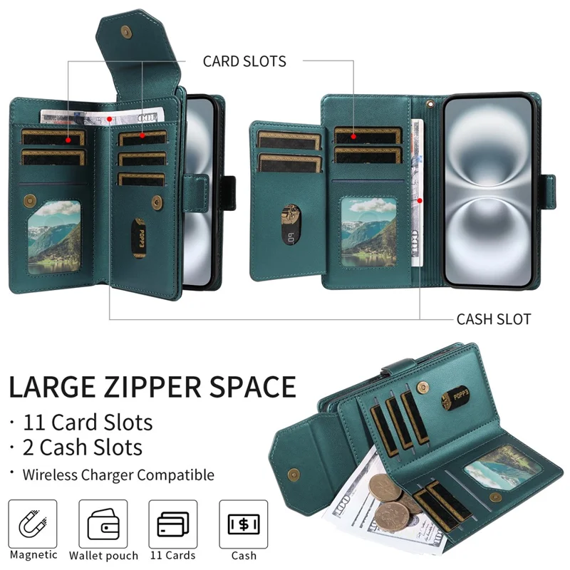 For Google Pixel 10 Pro / 10 / 9 Pro / 9 Case with Multi-Card Holder and Strap PU Leather Phone Cover Stand - Green