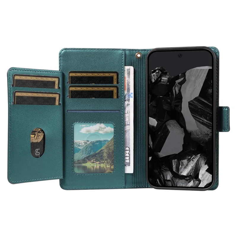 For Google Pixel 10 Pro / 10 / 9 Pro / 9 Case with Multi-Card Holder and Strap PU Leather Phone Cover Stand - Green