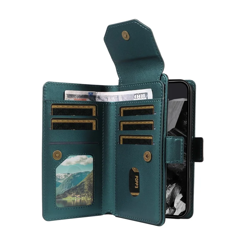 For Google Pixel 10 Pro / 10 / 9 Pro / 9 Case with Multi-Card Holder and Strap PU Leather Phone Cover Stand - Green