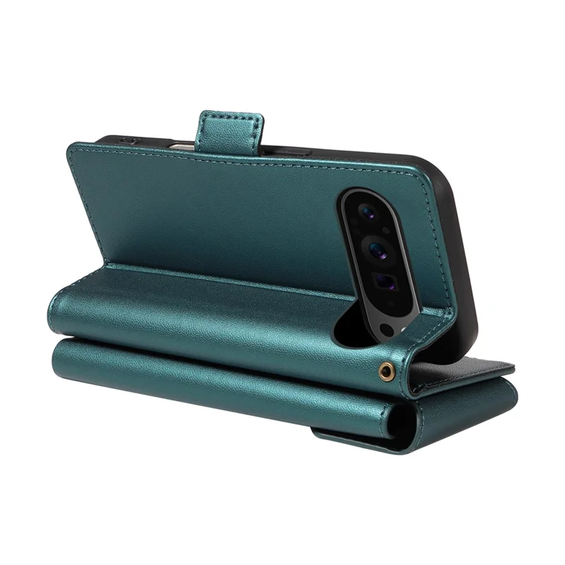 For Google Pixel 10 Pro / 10 / 9 Pro / 9 Case with Multi-Card Holder and Strap PU Leather Phone Cover Stand - Green