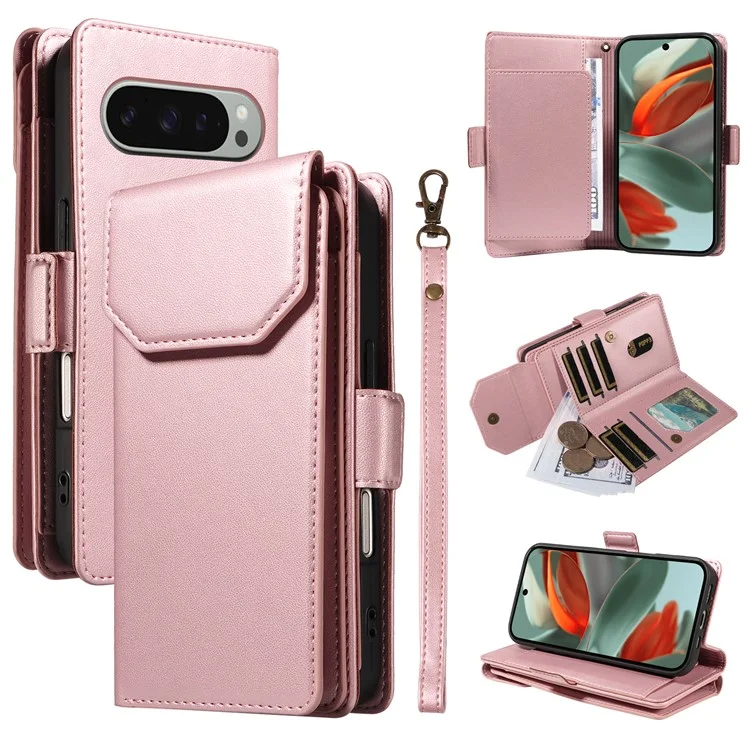 For Google Pixel 10 Pro XL / 9 Pro XL Case with Multi-Card Holder and Strap PU Leather Phone Cover Stand - Rose Gold