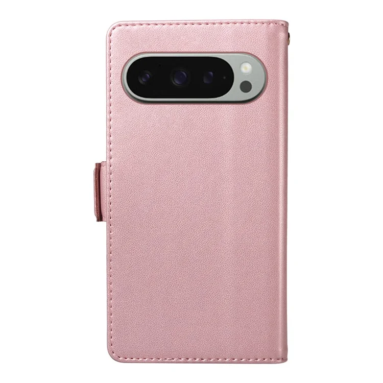 For Google Pixel 10 Pro XL / 9 Pro XL Case with Multi-Card Holder and Strap PU Leather Phone Cover Stand - Rose Gold