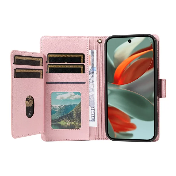 For Google Pixel 10 Pro XL / 9 Pro XL Case with Multi-Card Holder and Strap PU Leather Phone Cover Stand - Rose Gold