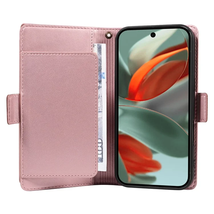 For Google Pixel 10 Pro XL / 9 Pro XL Case with Multi-Card Holder and Strap PU Leather Phone Cover Stand - Rose Gold