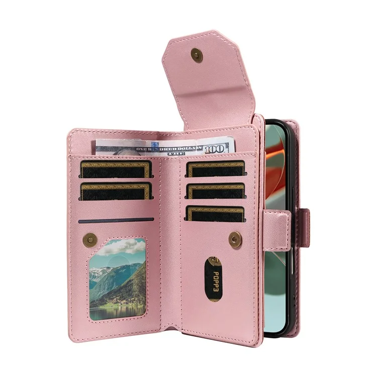 For Google Pixel 10 Pro XL / 9 Pro XL Case with Multi-Card Holder and Strap PU Leather Phone Cover Stand - Rose Gold