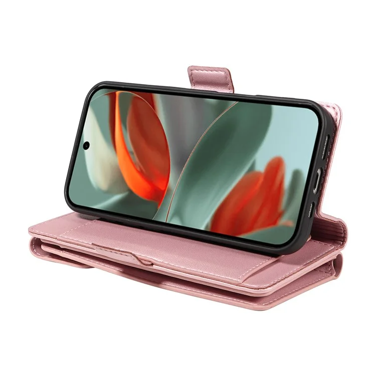 For Google Pixel 10 Pro XL / 9 Pro XL Case with Multi-Card Holder and Strap PU Leather Phone Cover Stand - Rose Gold