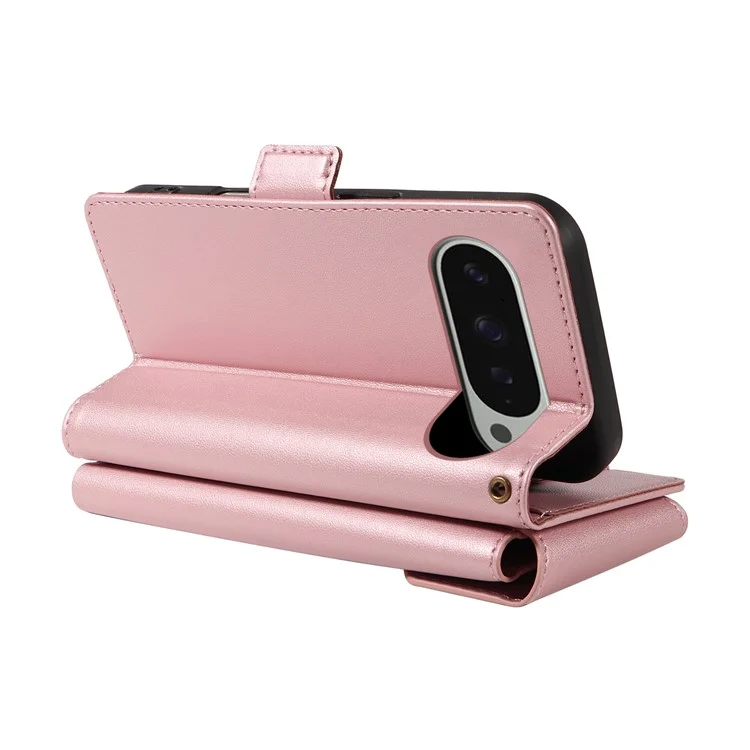 For Google Pixel 10 Pro XL / 9 Pro XL Case with Multi-Card Holder and Strap PU Leather Phone Cover Stand - Rose Gold