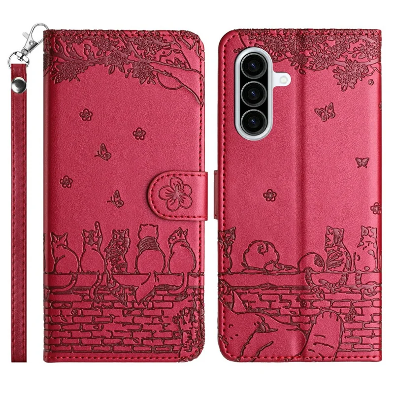 For Samsung Galaxy A56 5G Case with Wrist Strap Leather Phone Cover Wall Cats Pattern - Red